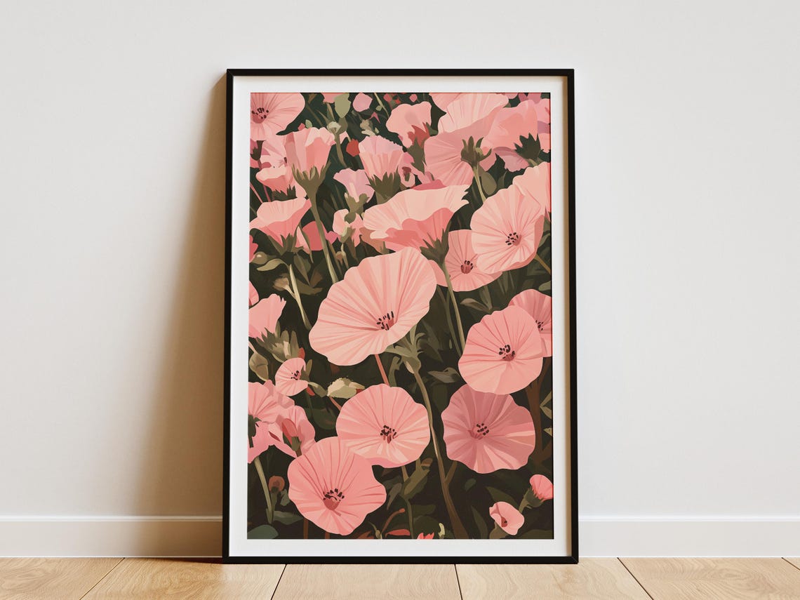 Delicate Pink Mallow Blossoms Dark Moody Botanical Floral Poster