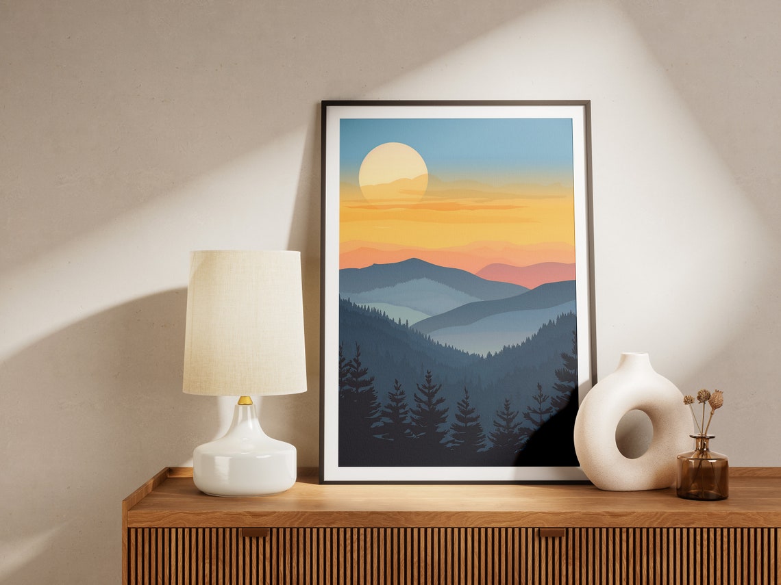 Layered Blue Mountain Ridges Sunset Pines Landscape Art Poster - Image 2