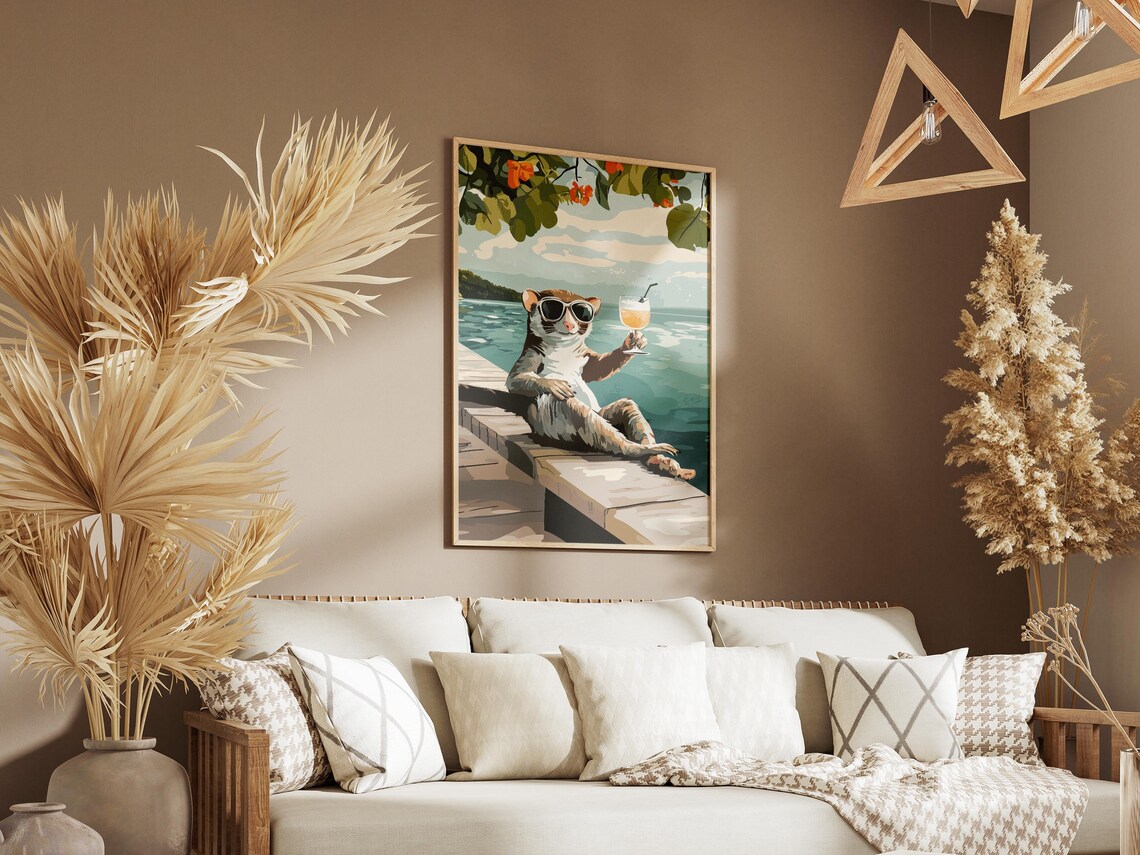 Sugar Glider In Sunglasses Sipping Cocktail On Wooden Dock Poster - Image 3