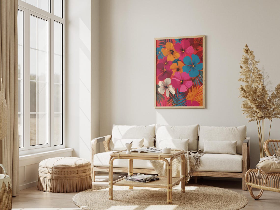 Bold Pop Art Hibiscus Flower Pattern Colorful Tropical Wall Art - Image 3