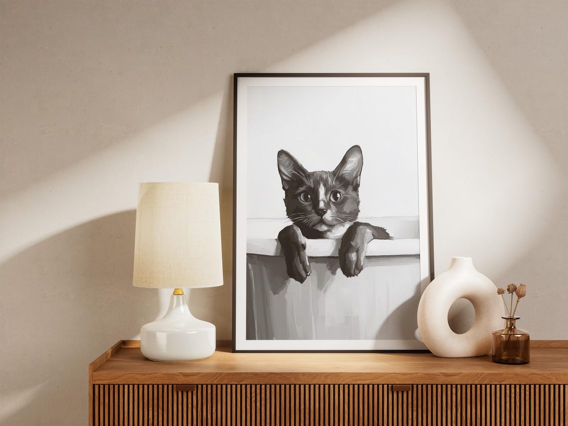 Sleek Black Cat in Bubble Bath Minimalist Bathroom Art Poster - Image 4