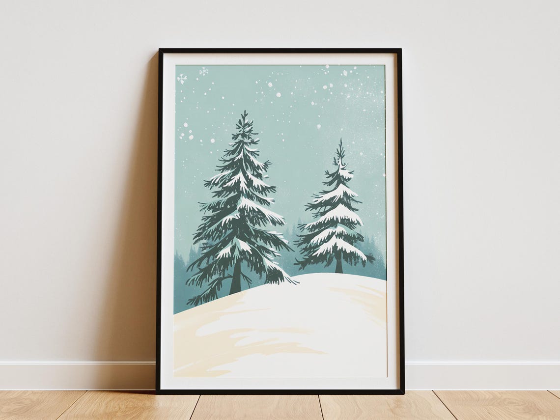 Two Snowy Pines on a Soft Snowdrift Sage Winter Minimalist Poster
