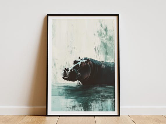 Hippopotamus River Art Print Hippo Wall Animal Poster Modern Minimalist Paper Gift Home Decor