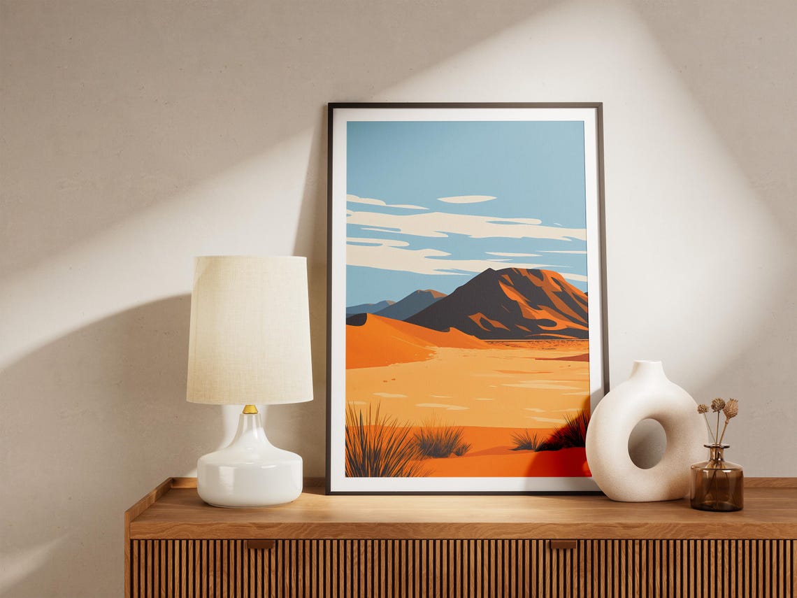 Namib Desert Sweeping Orange Dunes with Red Mountain Art Poster - Image 5