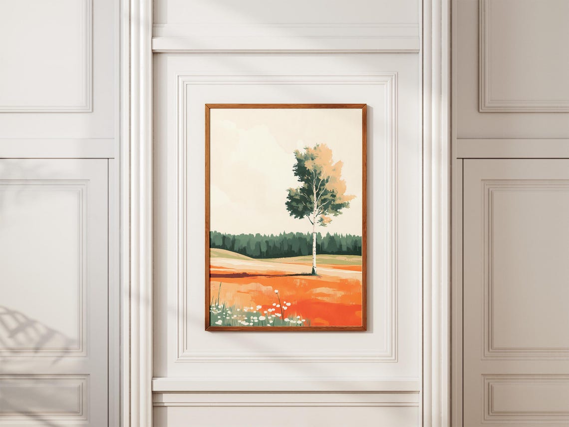 Lone White Birch Tree in an Autumn Orange Field Minimalist Poster - Image 2