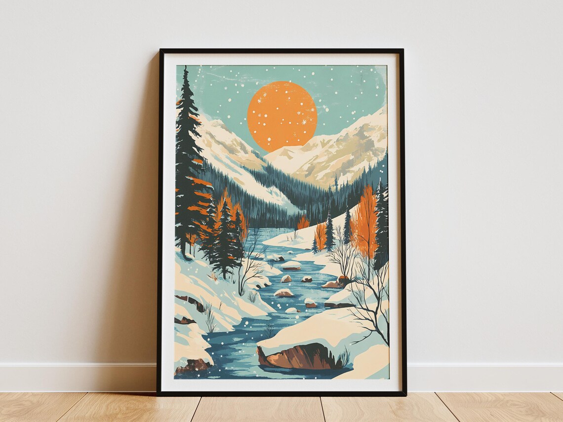 Icy River Winding Through a Snowy Valley at Golden Sunset Poster