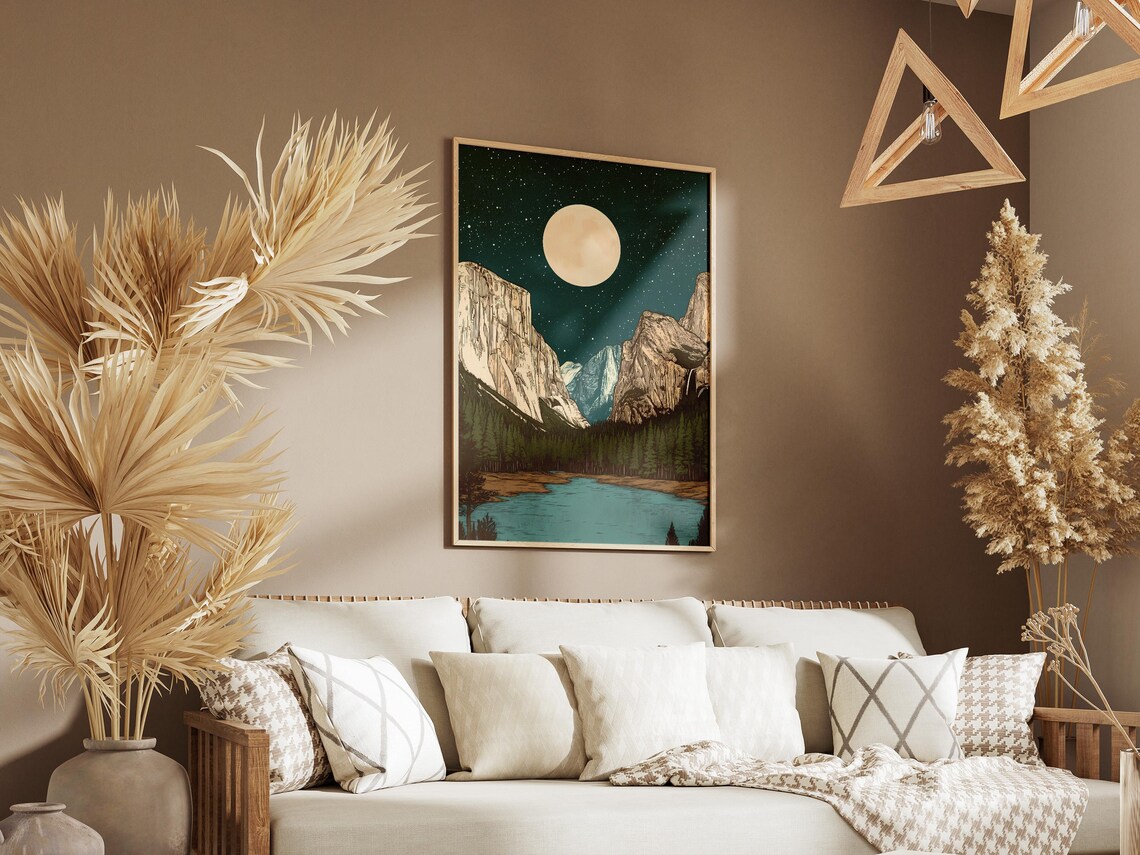 Yosemite National Park Moonlit Valley Lake Pine Forest Night Art Poster - Image 3