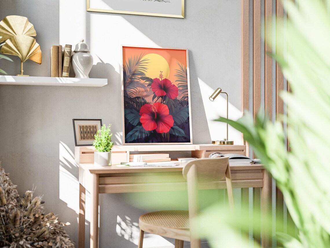 Red Hibiscus Flowers Against A Tropical Sunset Sun Art Poster - Image 2