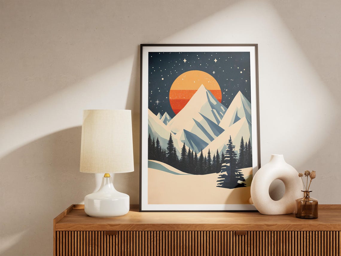 Snowy Geometric Peaks Under a Striped Orange Sun and Starry Sky Poster - Image 5