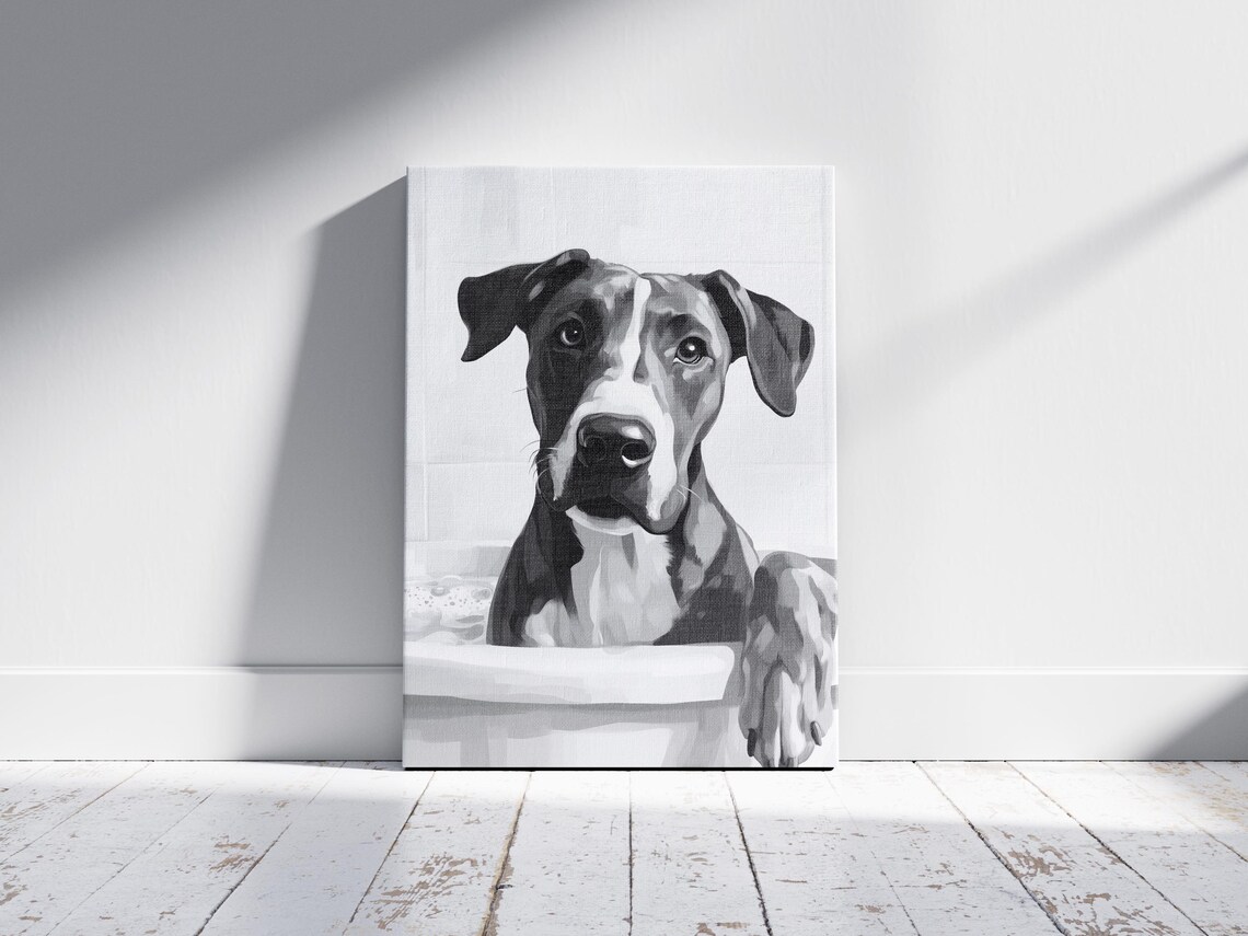 Great Dane Gentle Giant in Bathtub Black and White Dog Decor Poster - Image 2