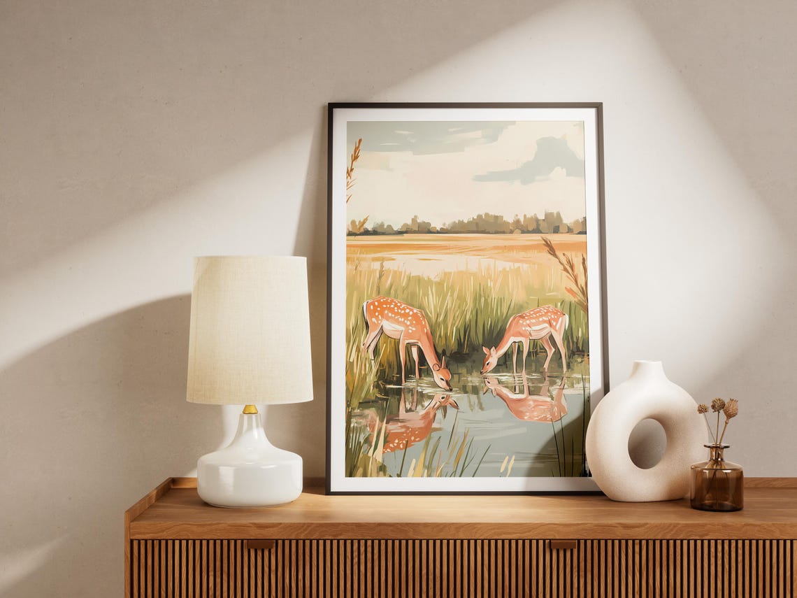 Two Fawns Drinking At Lakeside Meadow Calm Nature Wall Poster - Image 4