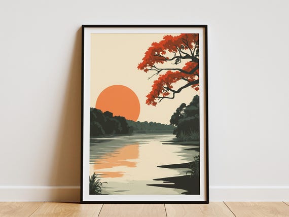 Brazilian Pantanal Sunset Landscape Poster River Nature Art Print Orange And Green Nature Illustration Calm Lake Poster Modern Home Decor