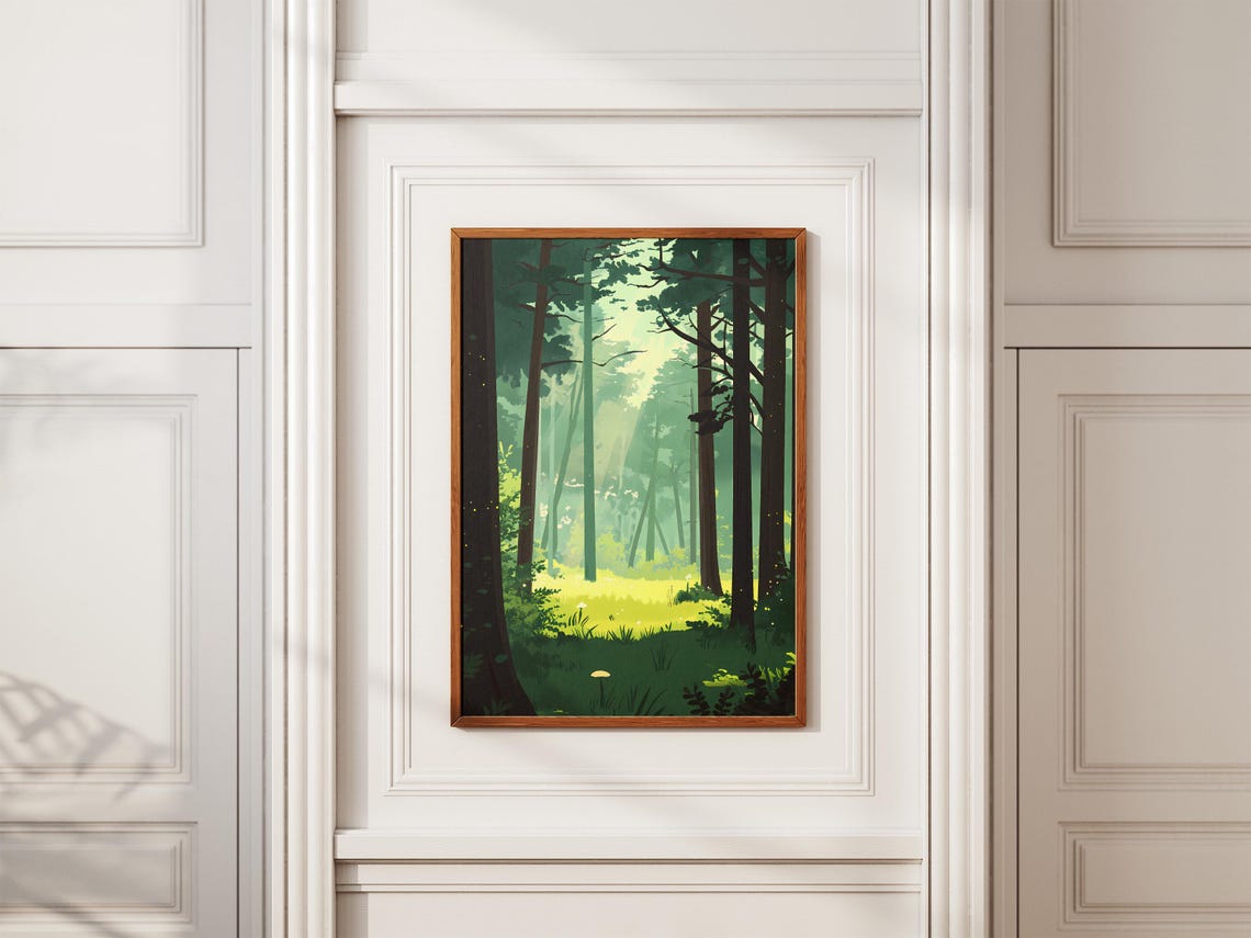 Misty Ancient Forest with Sunlit Clearing Nature Art Poster Tranquil - Image 2
