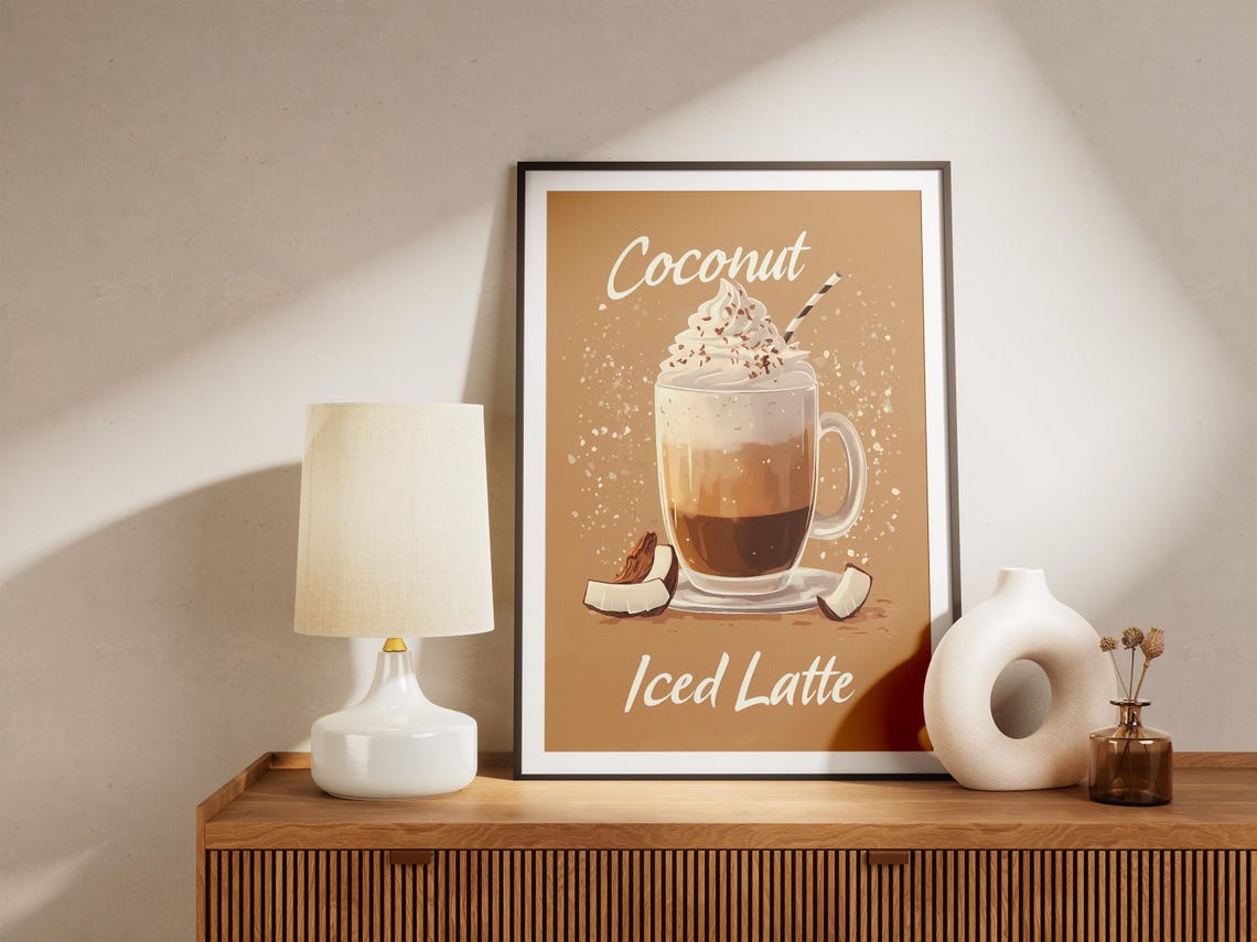 Coconut Iced Latte Tropical Summer Drink Retro Cafe Menu Poster - Image 5