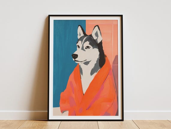 Husky Dog In Bathrobe Print Funny Animal Art Bathroom Wall Decor Quirky Poster Pet Lover Gift Modern Home