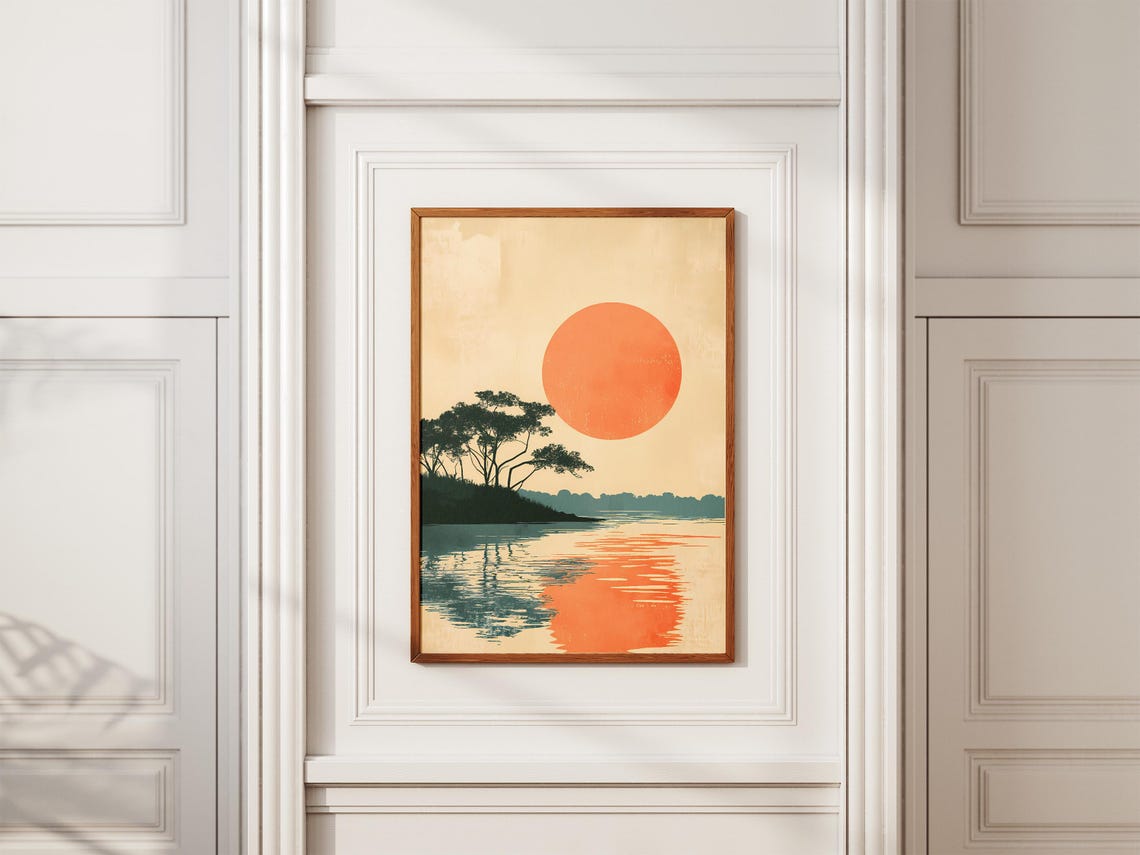 Japanese Sunset Over Water Minimalist Orange Sun Reflection Poster - Image 2