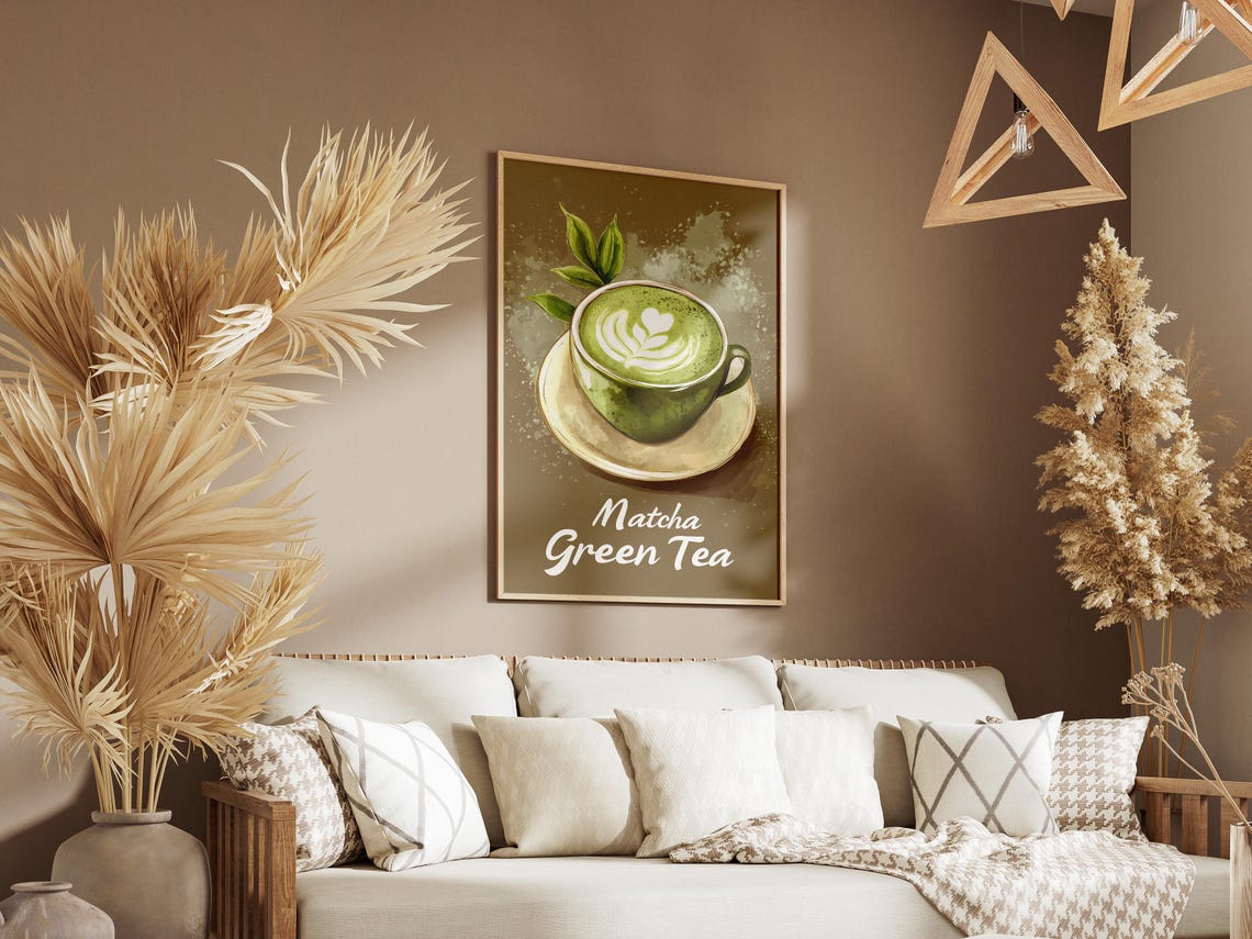 Matcha Green Tea Latte Leaf Latte Art Ceramic Cup Illustration Poster - Image 3