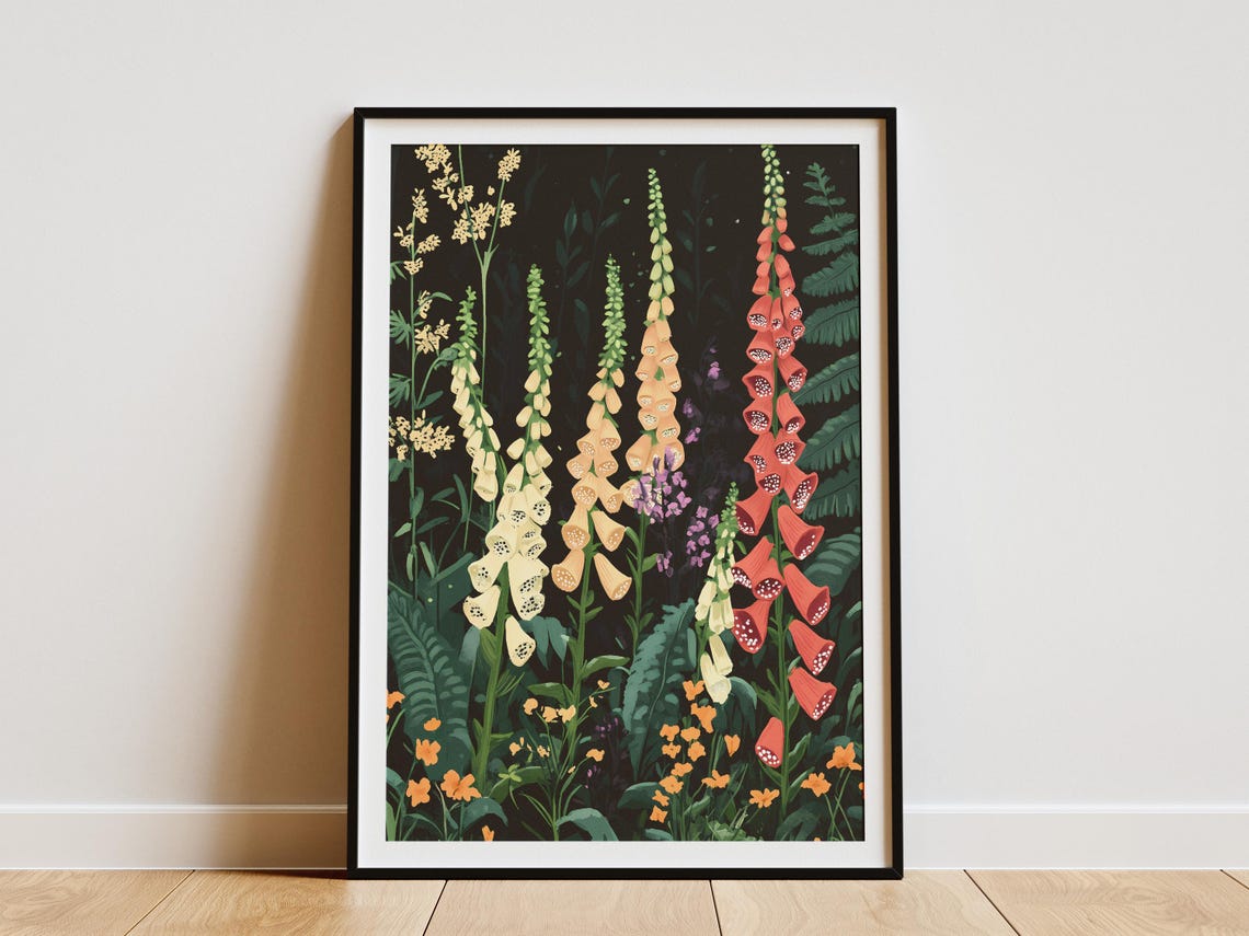 Foxglove Spires And Ferns Dark Moody Botanical Flower Poster