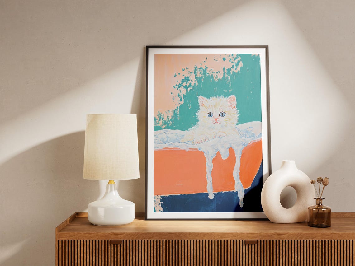 Fluffy White Kitten Bubble Bath Pop Art Cute Bathroom Decor Poster - Image 4