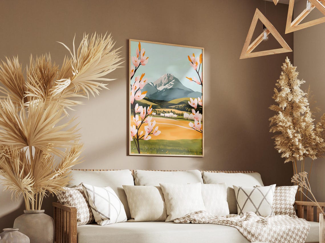 Snowy Mountain Peak With Pink Spring Blossoms Landscape Poster - Image 3