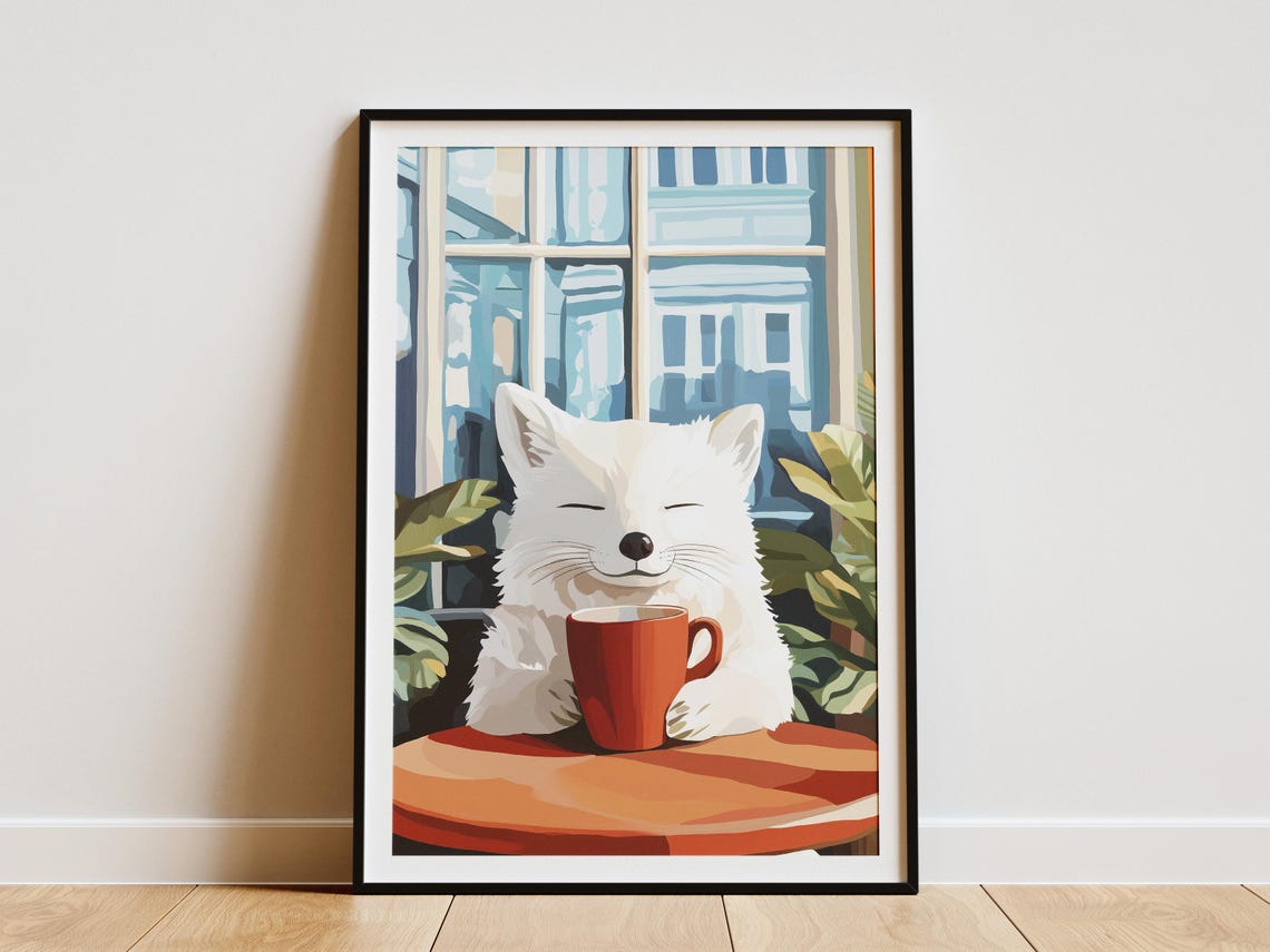 Arctic Fox Cafe Art Print Cozy Coffee Shop Poster Animal Illustration Whimsical Wall Cute With Mug Gift For Lovers