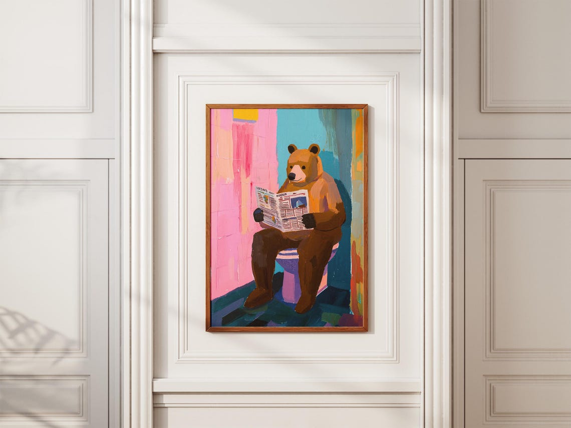 Brown Bear Reading the Morning Newspaper on the Toilet Poster - Image 2