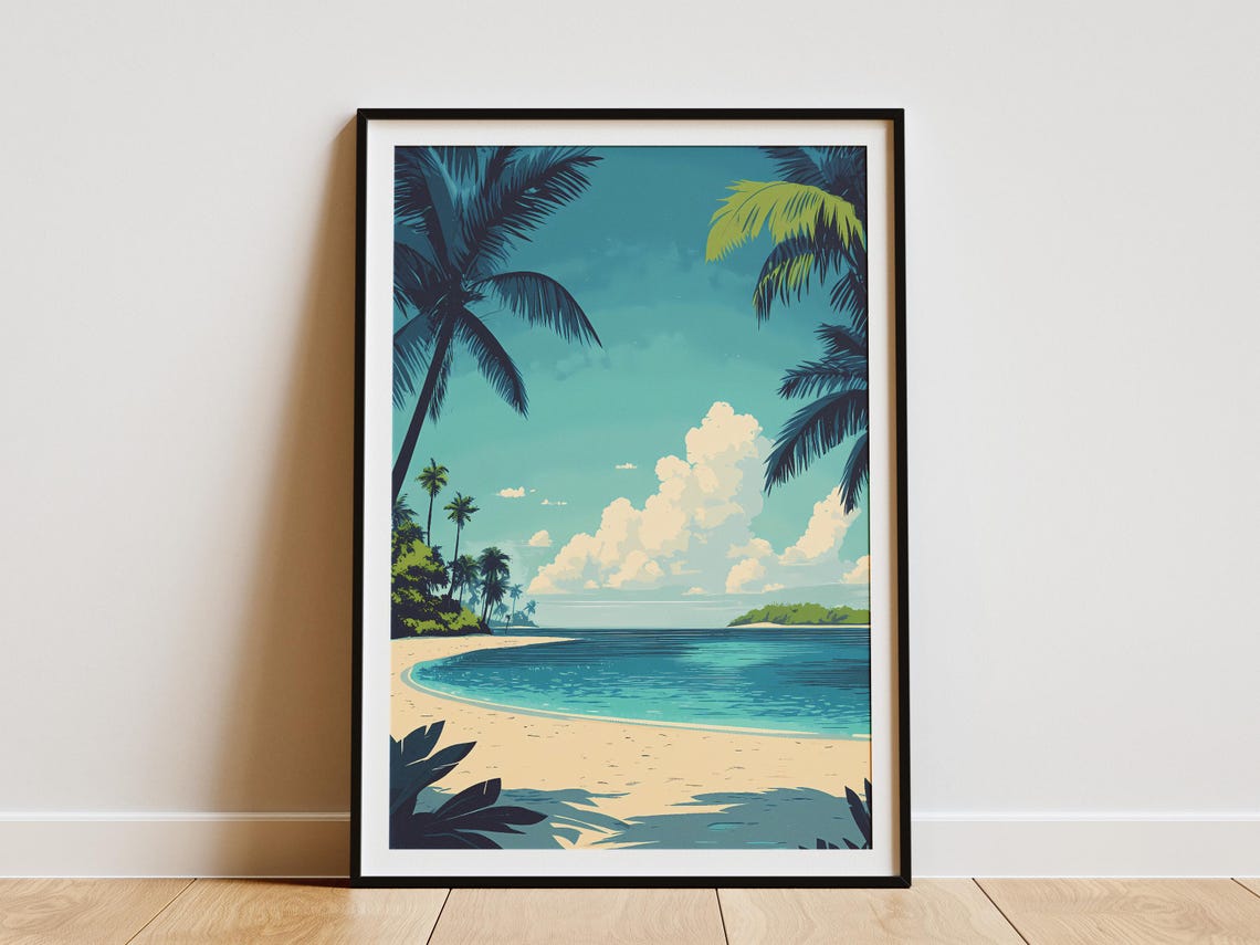 Turquoise Tropical Beach Palm Trees White Clouds Summer Poster