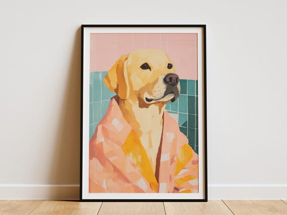 Labrador Retriever Dog Bathrobe Poster Funny Animal Art Print Canine Wall Decor Bathroom Lover Gift Unique Pet Portrait Quirky