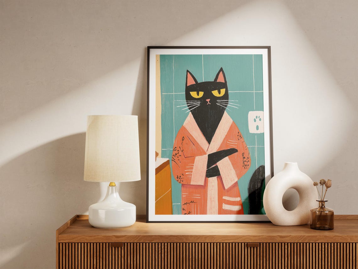 Black Cat in Coral Bathrobe Teal Bathroom Funny Cat Portrait Poster - Image 5