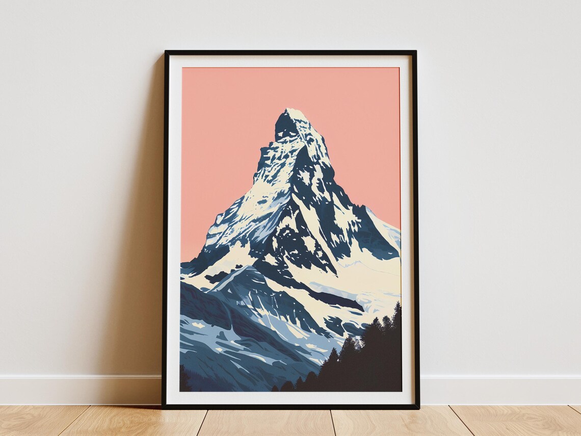 Matterhorn Snowy Peak Pink Sky Swiss Alps Minimalist Art Poster
