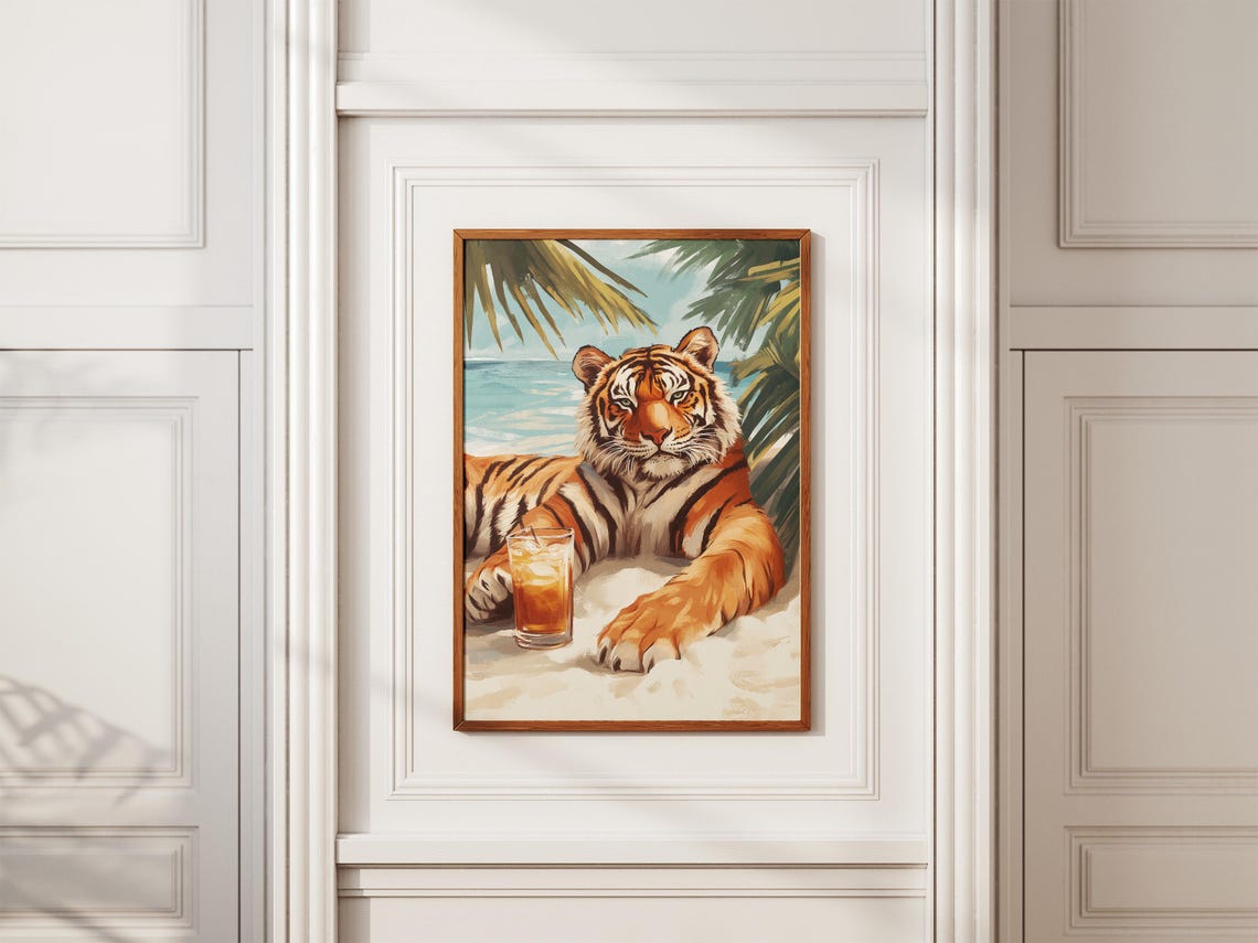 Relaxed Tiger Lounging On Warm Sand With Drink Under Palms Poster - Image 2