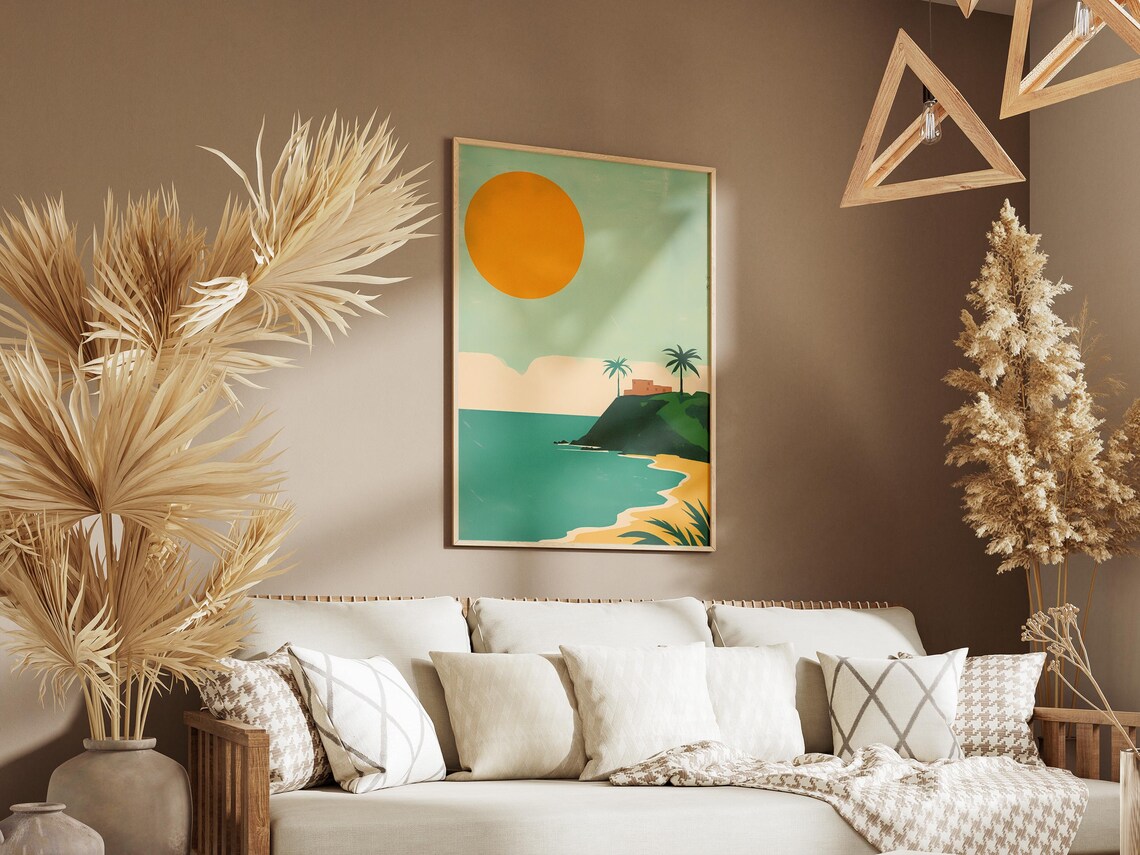 Minimalist Beach Giant Sun Teal Sea Green Headland Sunset Poster - Image 3