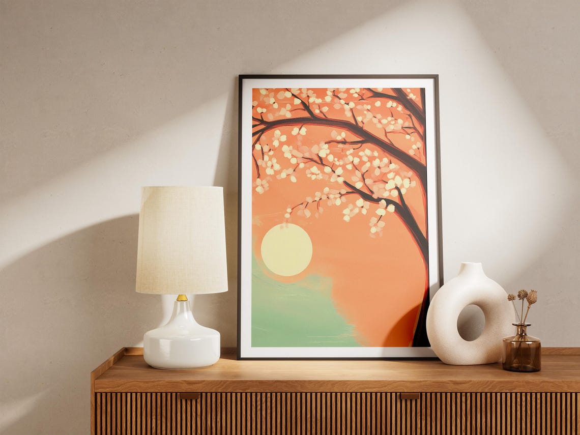 Blossom Branches with Rising Sun in a Peach Sky Abstract Art Poster - Image 5