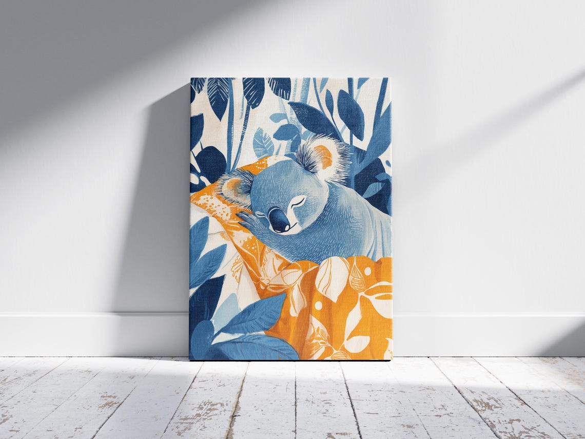 Sleeping Koala On Orange Blanket Among Blue Foliage Cozy Wall Art - Image 2