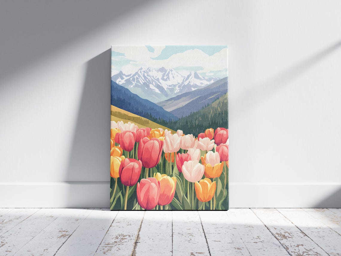 Colorful Tulip Field Snowy Mountains Spring Landscape Art Poster - Image 2