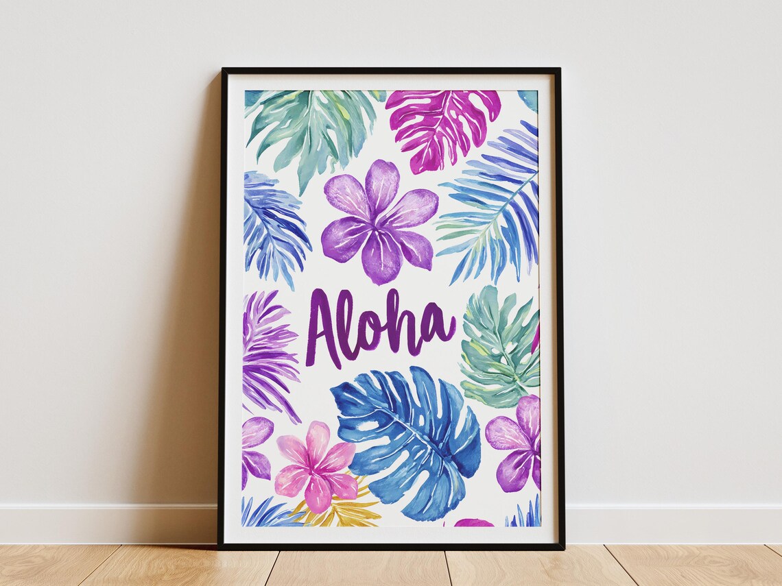 Aloha Script Watercolor Tropical Leaves Purple Floral Art Poster