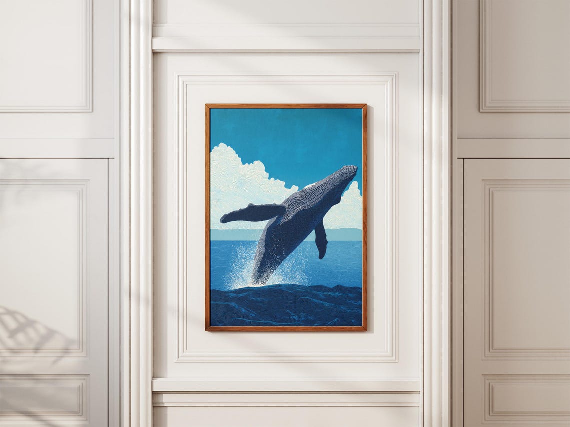 Humpback Whale Breaching Ocean Blue Nautical Wildlife Art Poster - Image 2