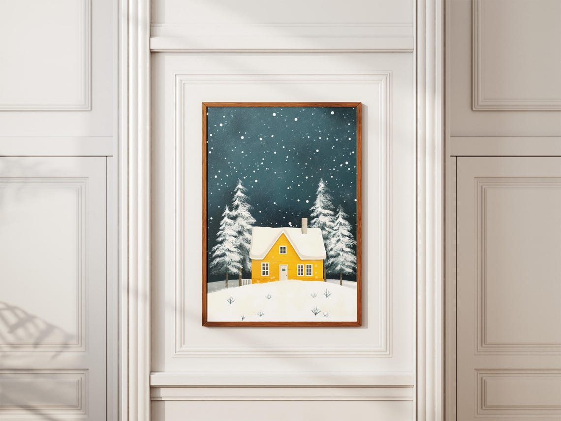 Bright Yellow Cottage Snowy Night Winter Forest Cabin Poster - Image 2