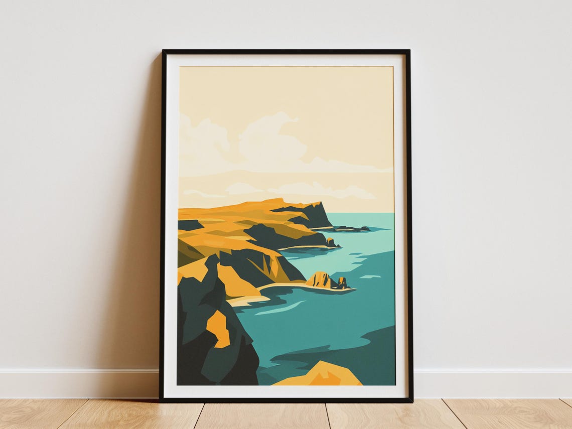 South Georgia Island Golden Cliffs Teal Ocean Minimalist Poster