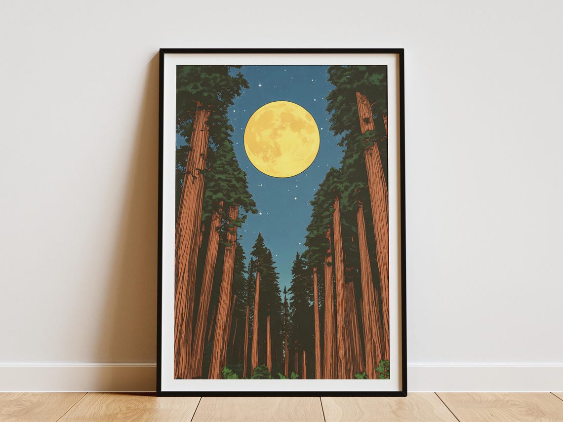 Golden Full Moon Night Over Tall Redwood Forest Starry Sky Poster