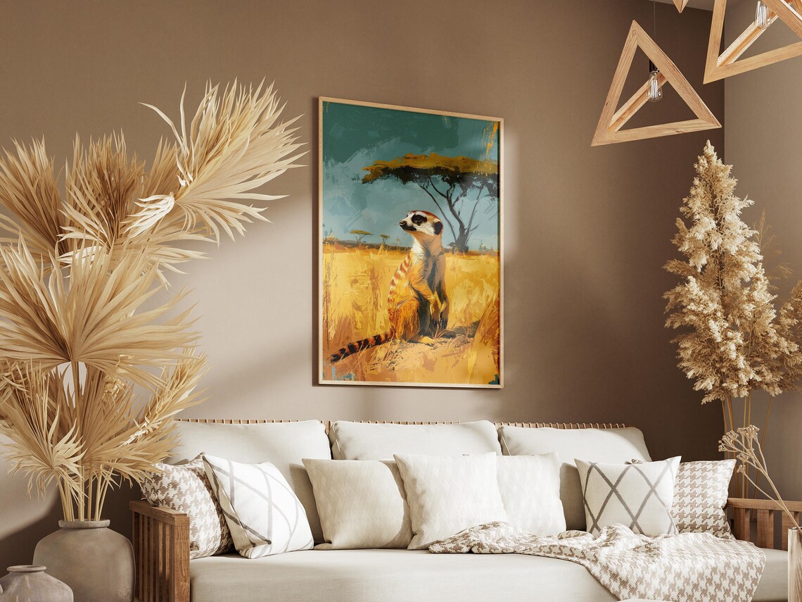 Alert Meerkat Standing in a Golden Savanna with Acacia Tree Poster - Image 3