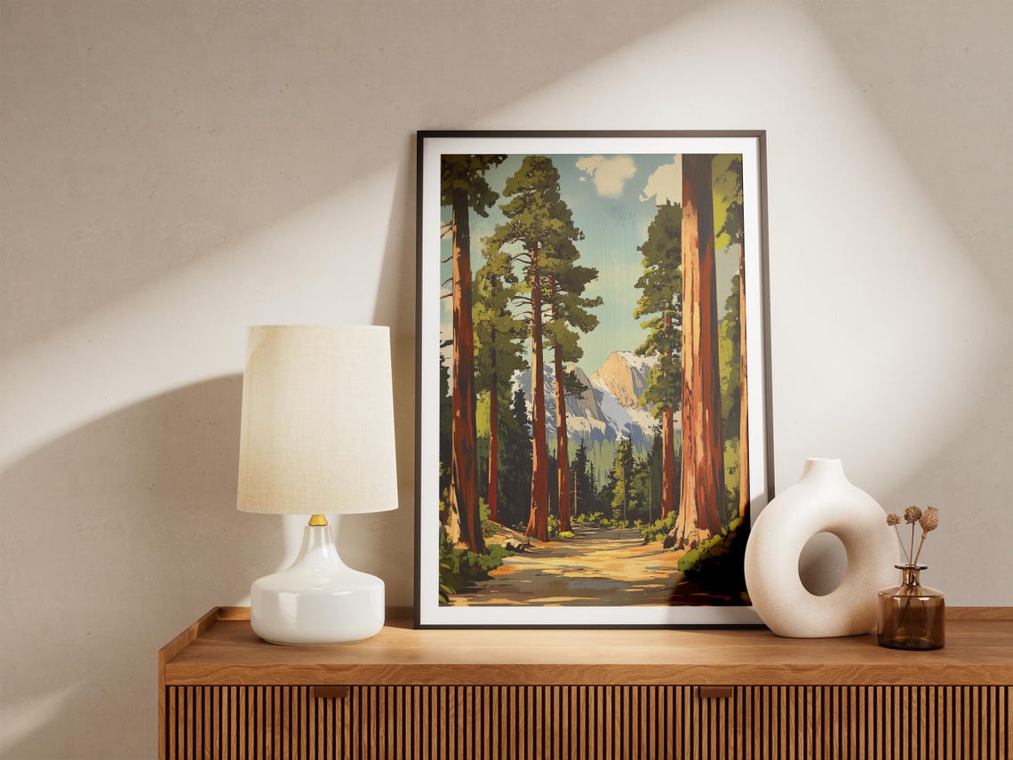 Sequoia Forest Path With Snowy Mountains Beyond Scenic Poster - Image 4