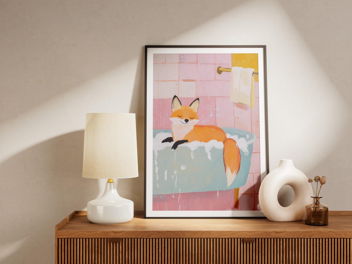 Sleepy Orange Fox Floating In Mint Bubble Bath Bathroom Poster - Image 5
