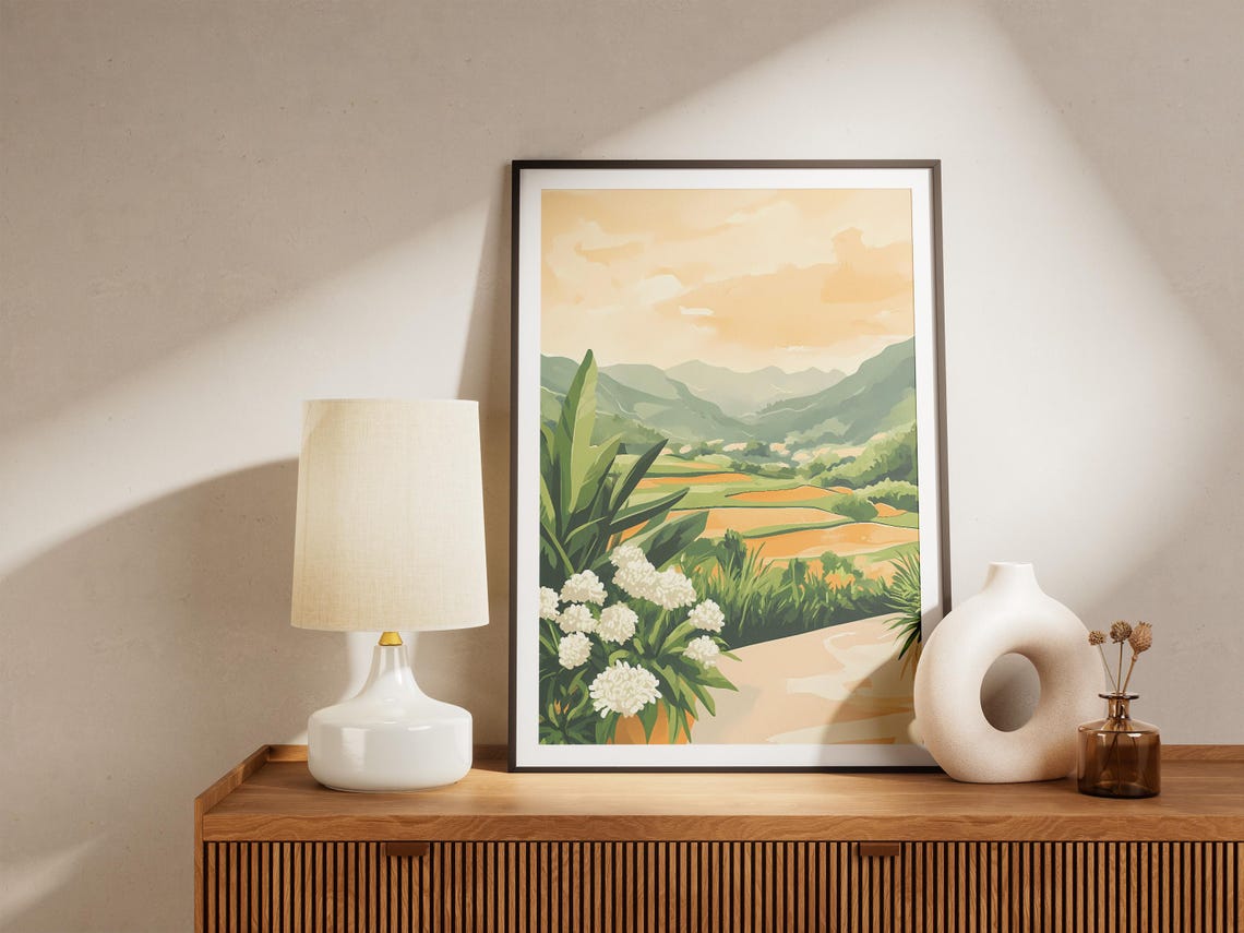 Green Rice Terrace Valley White Blossoms Yellow Sky Scenic Poster - Image 5