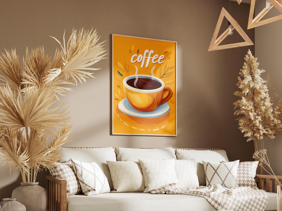 Hot Coffee Yellow Cup Minimalist Morning Illustration Poster - Image 3