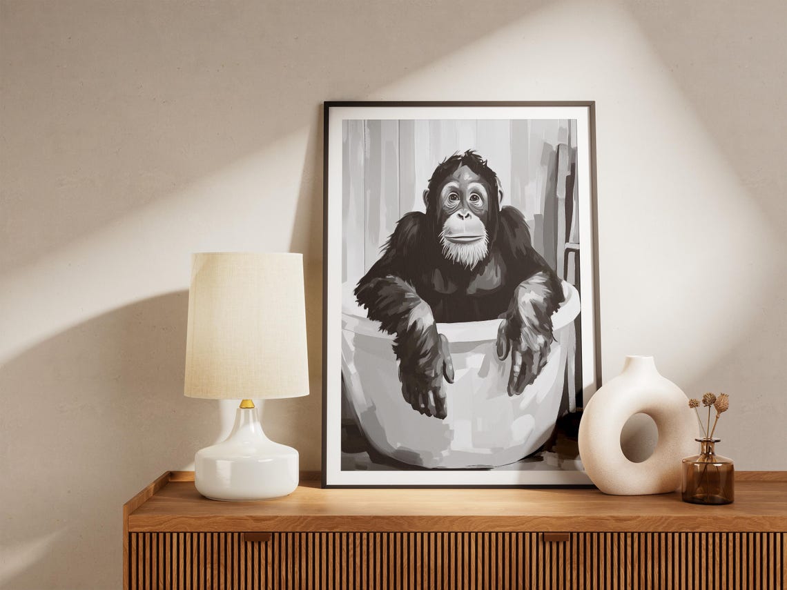 Orangutan In Bathtub Poster Funny Ape Black And White Wall Decor - Image 4