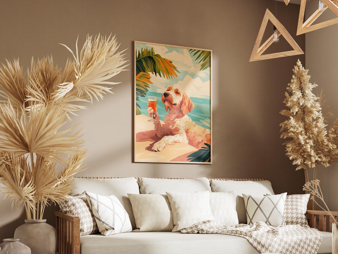 Fluffy Cream Dog Raising A Cocktail Glass On The Beach Poster - Image 3