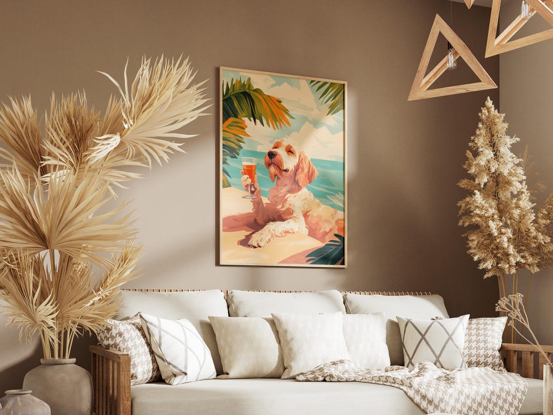 Labradoodle Dog Beach Poster Summer Dog Art Print Cute Puppy By The Ocean Dog Lover Gift Dog Wall Decor Pet Portrait Coastal Dog Tropical - Image 3