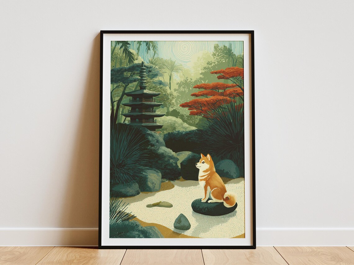 Shiba Inu Sitting in Zen Garden With Pagoda Japanese Travel Poster