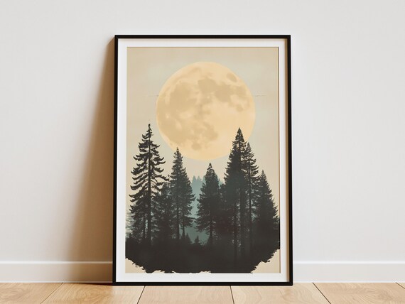 Redwood National Park Big Moon Behind Pine Silhouettes Mist Poster